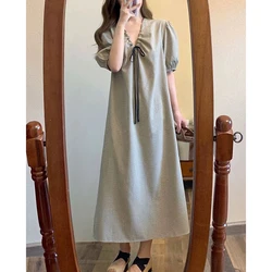 Sweet V-Neck Lace Up Bow Plaid Puff Sleeve Princess Dress Female Clothing 2024 Summer New Oversized Short Sleeve Casual Dresses