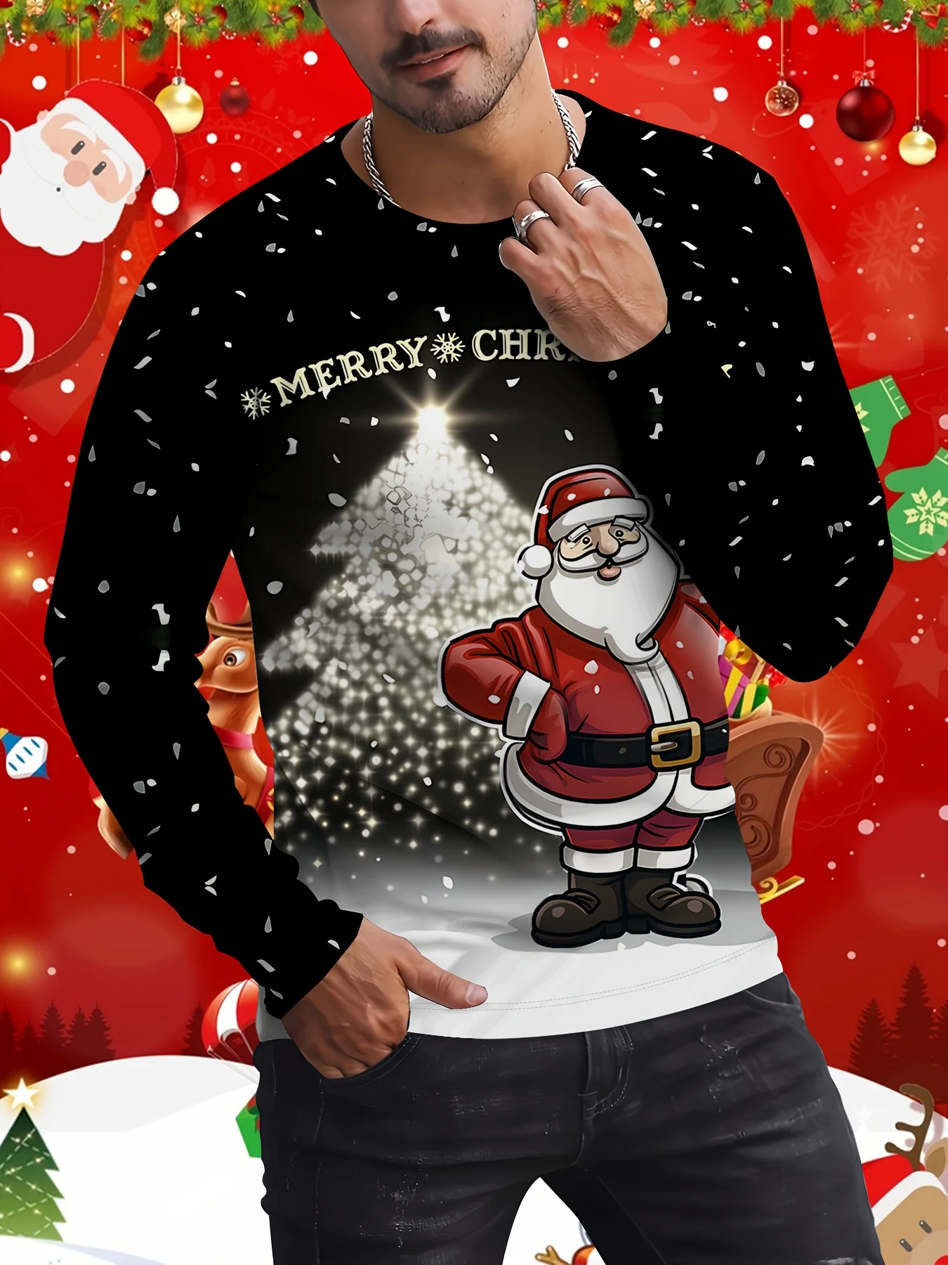 

Autumn Christmas Tree Print Men’s Long Sleeved T-shirt Casual Fashion O-neck Pullover Top StreetTrendy Oversized Y2K Men Clothe