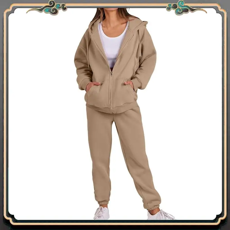 B11A-Mulheres zip up hoodies manga longa cor sólida outono casual moda jaquetas com calças conjunto