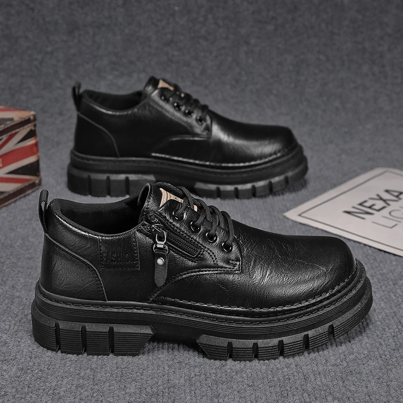 

Men's Boots Low Cut Sporty Thick Bottom Work Shoes Casual Leather Shoes for Autumn Winter Versatile Black Low Help