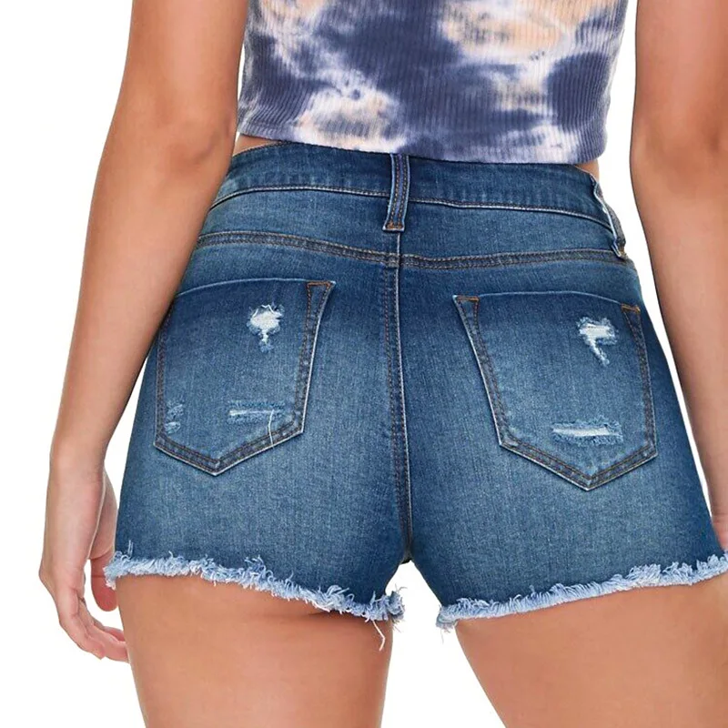 Summer Fashion Women's High-waisted Hip-lifting Tassel Ripped Hole Raw Stretch Ladies Denim Shorts Casual Office All-match Jeans