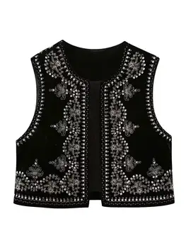 Vintage höst sammet broderad väst ärmlös jacka kvinnor v-ringad elegant västar kvinnliga modevästar kappa 2023 10 best sales Floral vest - №10