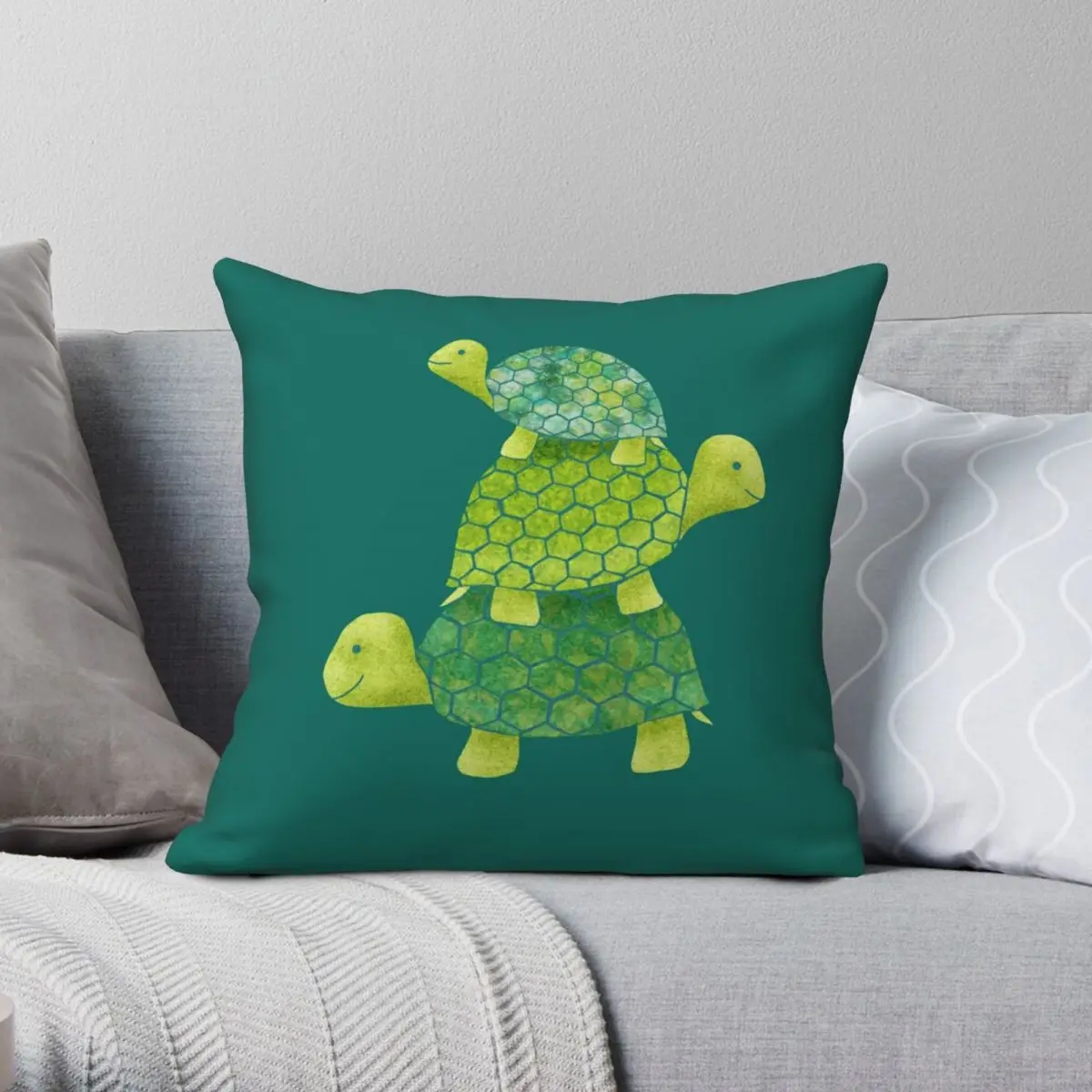 Cute Green Turtle Stack Square Pillowcase Polyester Linen Velvet Pattern Zip Decorative Throw Pillow Case Home Cushion Cover