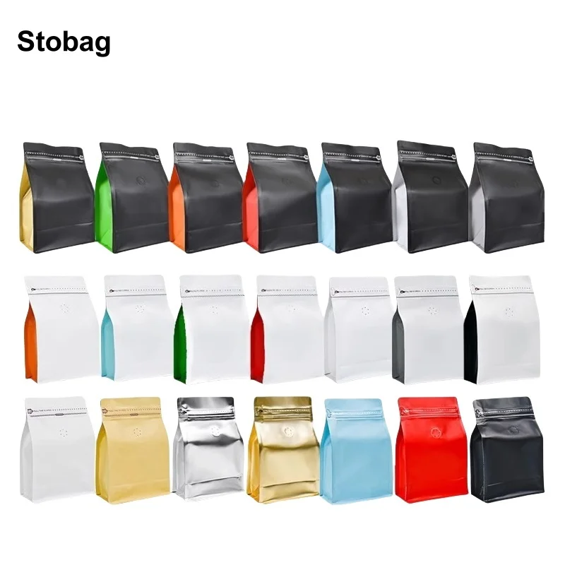 StoBag 50pcs 250g Coffee Beans Bag Packaging with Valve Aluminum Foil Ziplock Sealed for Powder Tea Nuts Storage Reusable Pouch