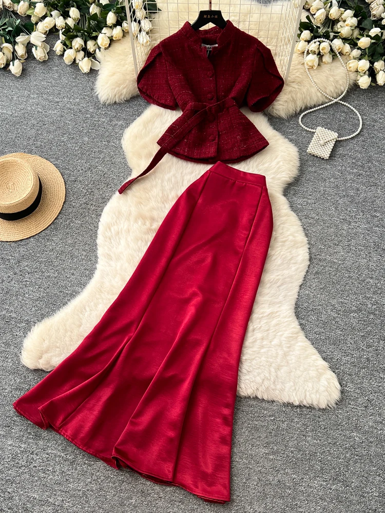 

Elegant Red Summer Commute Fashion Set Women's Slimming Waist Two-Piece Suit High Waist Skirt Vest Top Combo Casual Workwear