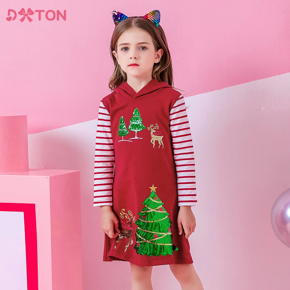 DXTON Kids Xmas New Year Dresses Girls Autumn Winter Hooded Dresses Girls Christmas Tree Elk Sequined Appliqued Hoodies Dress