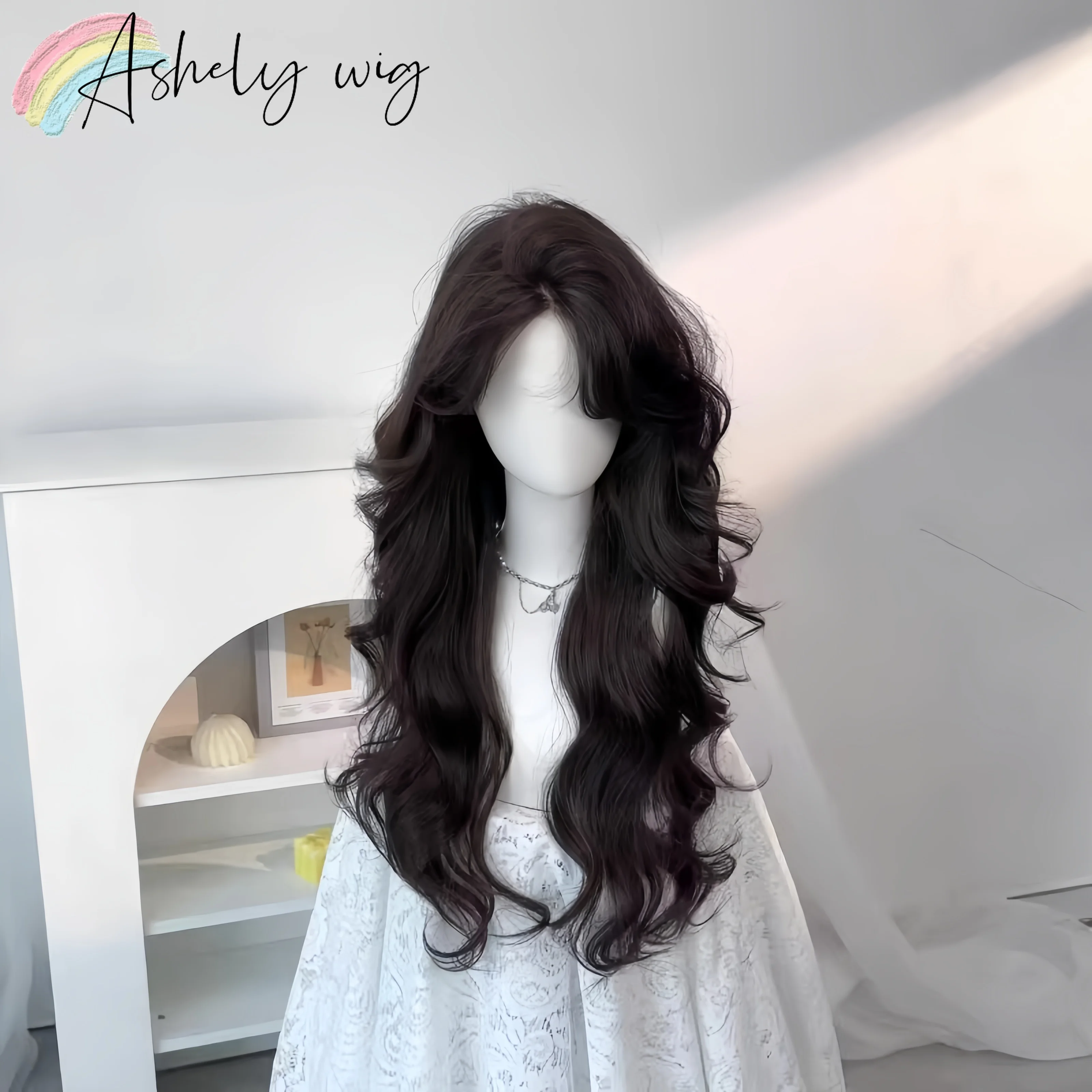 Ashely Wig for Women Long Wavy Wig with Curtains Bangs High Temperature Fibers 26inch Body Wave Lolita Synthetic Wigs for Daily