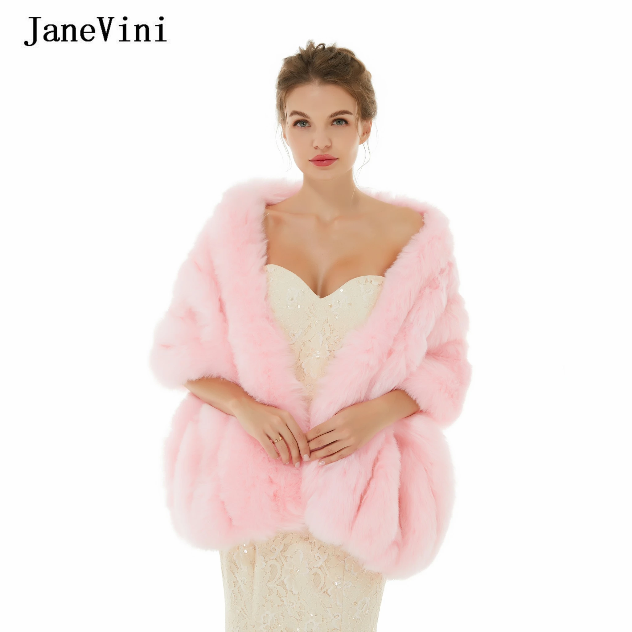 JaneVini Neue Braut Faux Pelz Schal Wrap Winter Warm Hochzeit Bolero Rosa Hohe Qualität Braut Mantel Jacke Frauen Abend Party cape