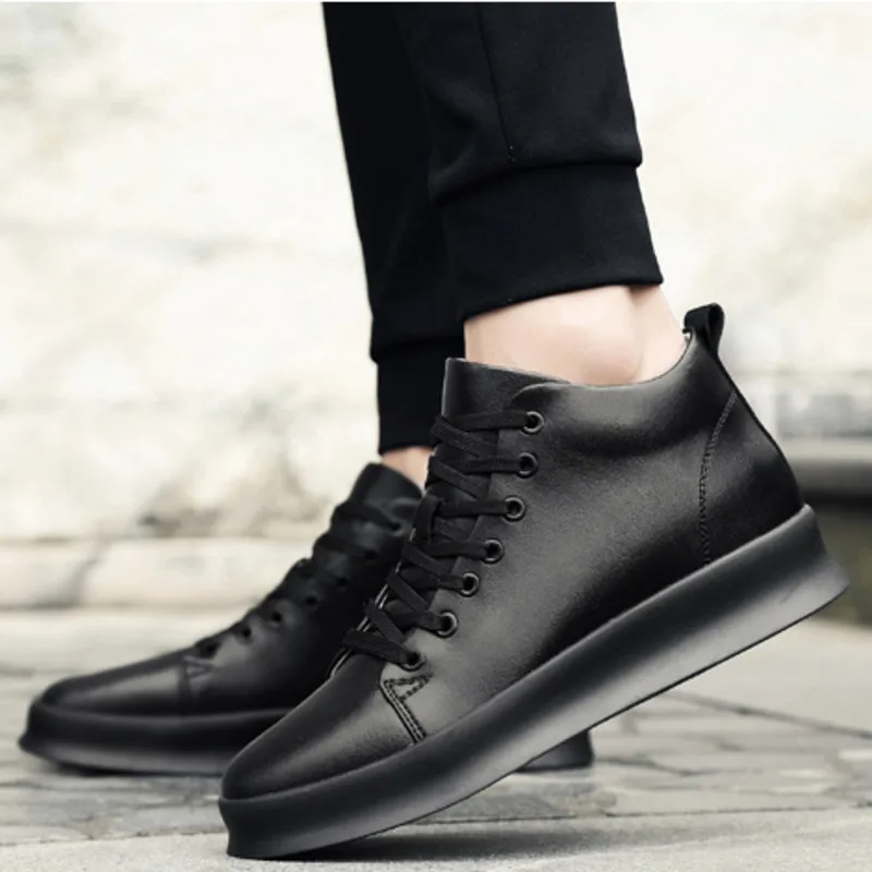 Men Sneakers Elevator Shoes All Black Men\'s Leather Casual Shoes Hidden Heels 8CM 6CM Heightening Shoes Pure White Height Shoes