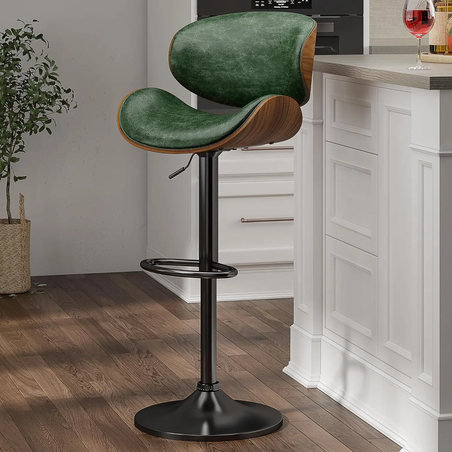 Swivel Bar Stools for Kitchen Counter, Adjustable Bentwood Barstools, Modern PU Leather Upholstered Bar Chair