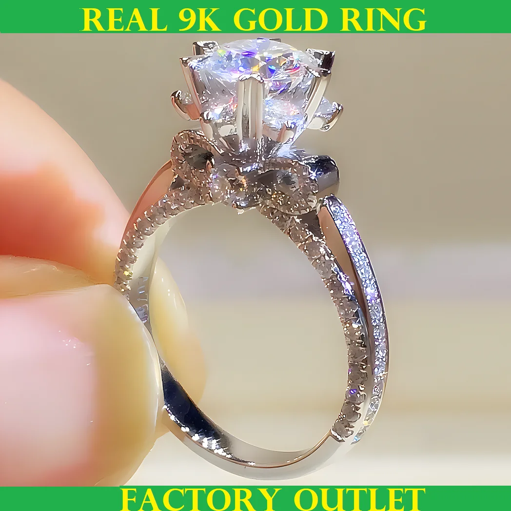 Custom Real AU375 9K Gold Ring Women Engagement Party Wedding Ring Round Moissanite Diamond Bowknot Flower 0.5 1 2 3 4 5 Carat