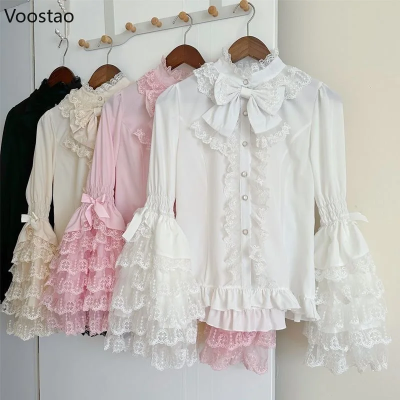 

Victorian Vintage Lolita Shirts Women Gothic Y2k Bow Lace Ruffle Flare Long Sleeve Blouse Japanese Style Sweet Cute Elegant Tops