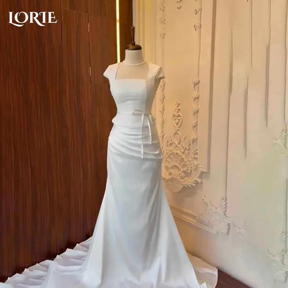 

LORIE Short Sleeve Mermaid Wedding Dresses Lace Arabia Applique Bow Straps Bridal Gown Pleats Square Neck Bride Dress Customized