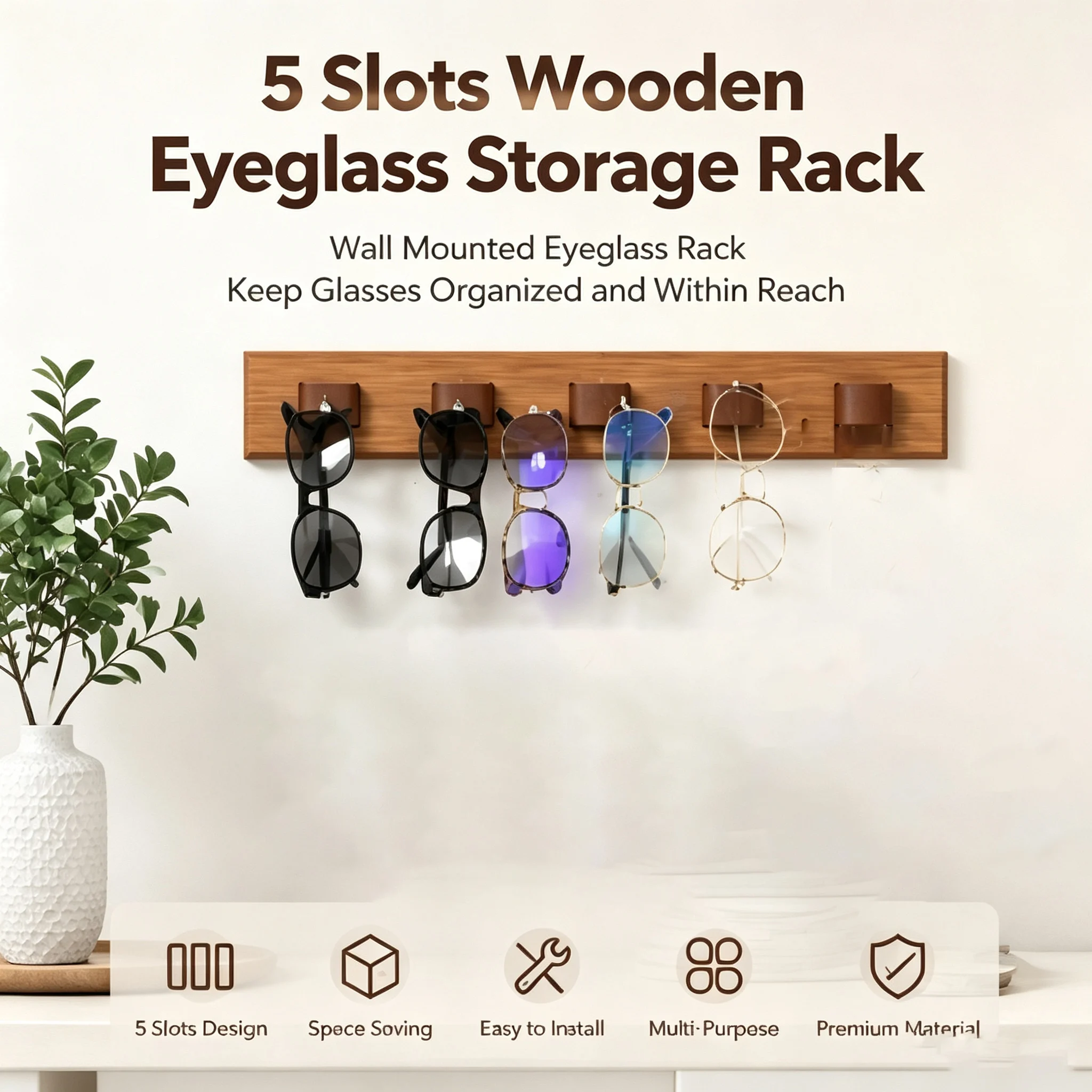 5 Slots Wall Mount Glasses Holder Self-Adhesive Drilling Dual Install Sunglasse Storage Rack Eyewear for Entryway Bedroom Vanity
