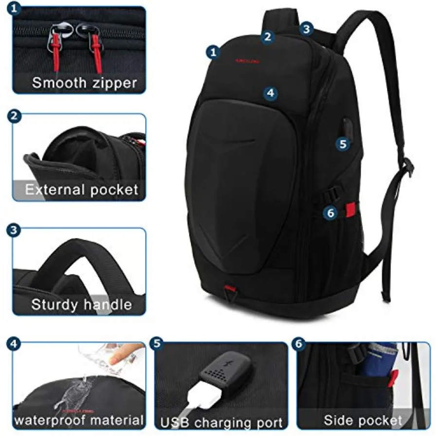 17 Inch Laptop Backpack with Hardshell, Armored Backpack with USB Port and Lightweight Rain Cover for Motorcycle Outdoor Racing