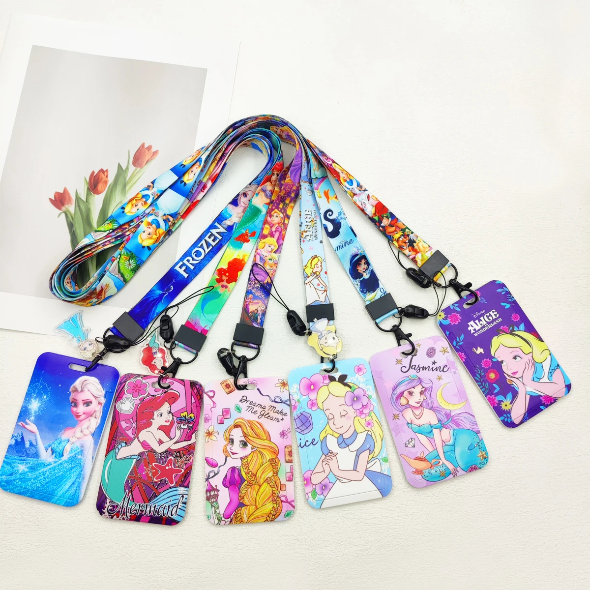 Disney Princess Badge Holder Neck Straps Keychain Women Name Card Holders Student Campus Lanyard ID Credential Holder Kids Gift