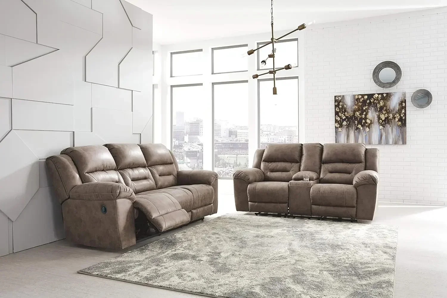 Faux Leather Manual Double Reclining Loveseat with Center Console, Light Brown