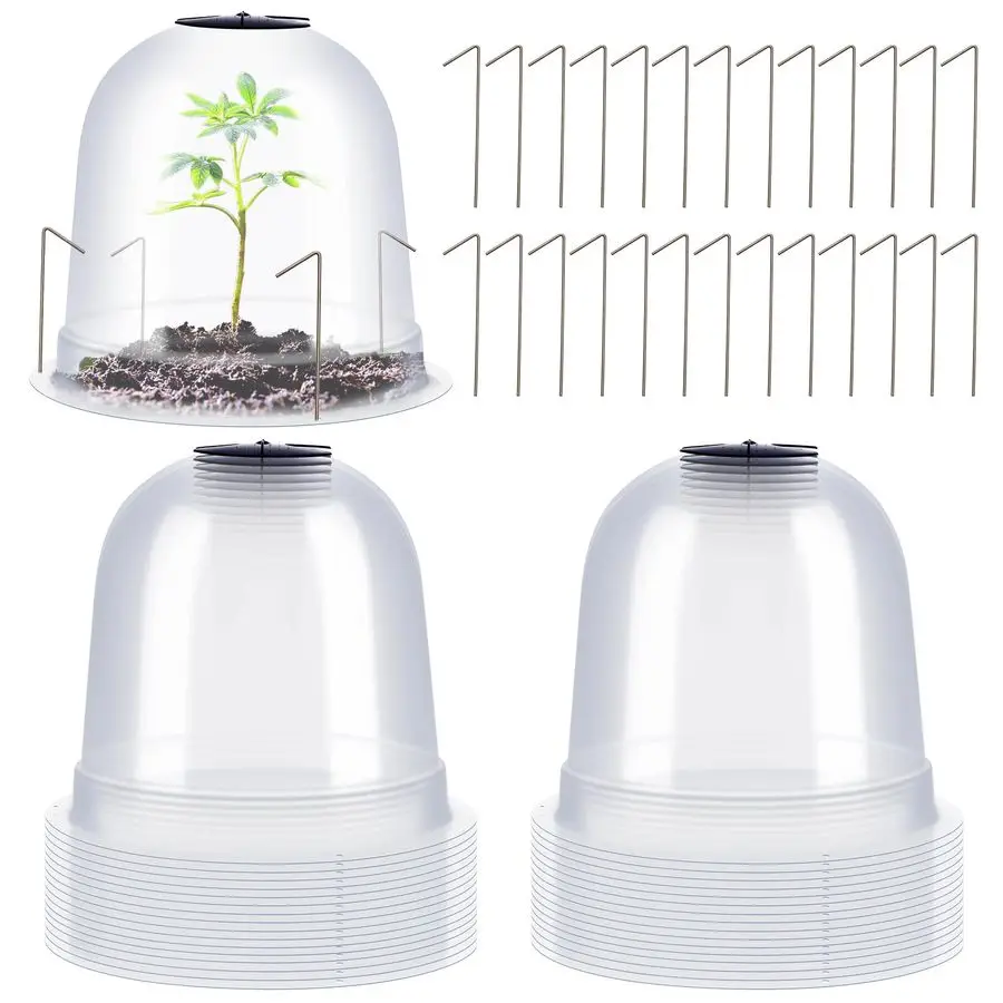 

20 шт. маленьких прозрачных пластиковых колпаков для растений (7,68 диаметр x 6,7 высота), многоразовые, толстые, для защиты рассады от заморозков, размер M