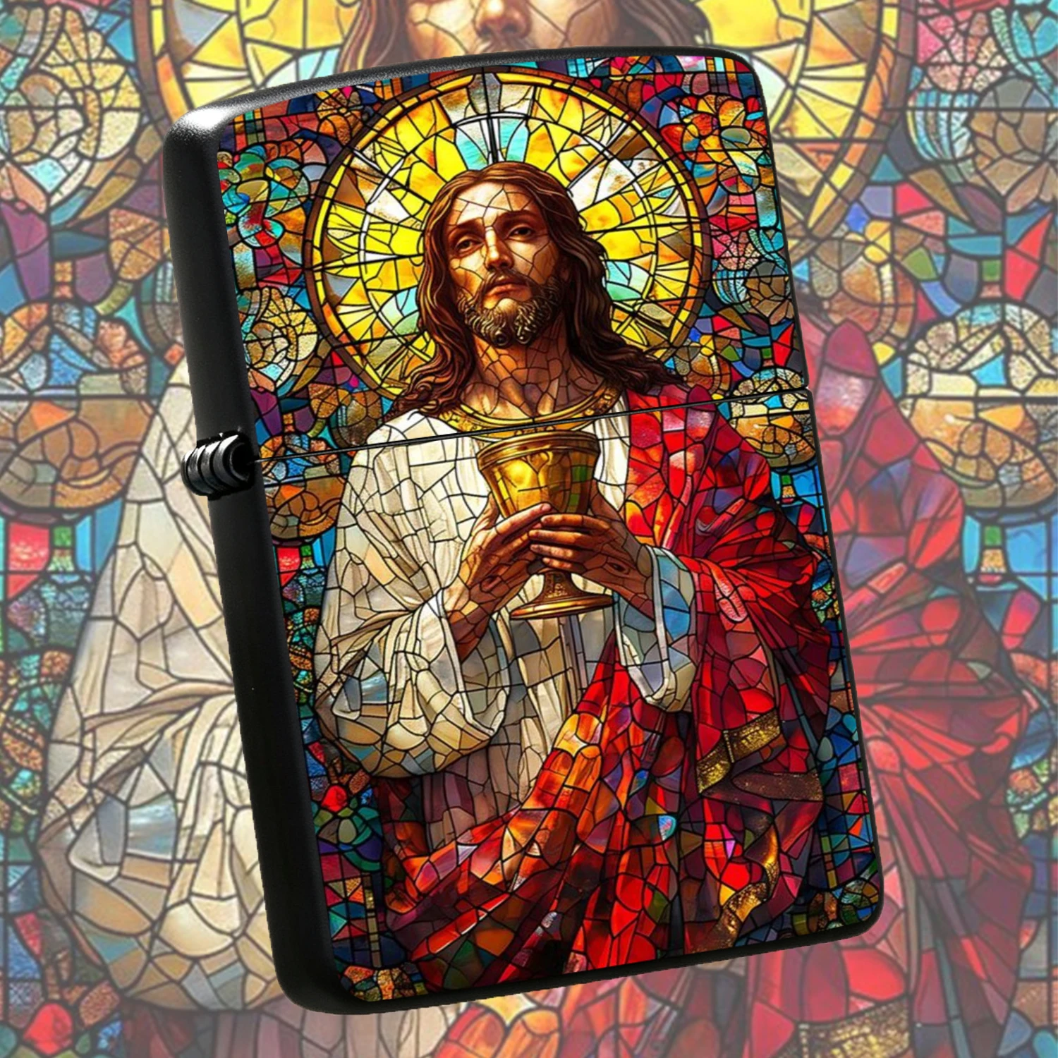 Exquisite Stained Glass Style Jesus Eucharist Holy Grail Pattern Creative Religious Themed Durable  windproof Ideal for Faith Believers Daily Carry PERSONAL Collection Gifting Present Retro Art Decorative Pocket A fun and humorous lighter
