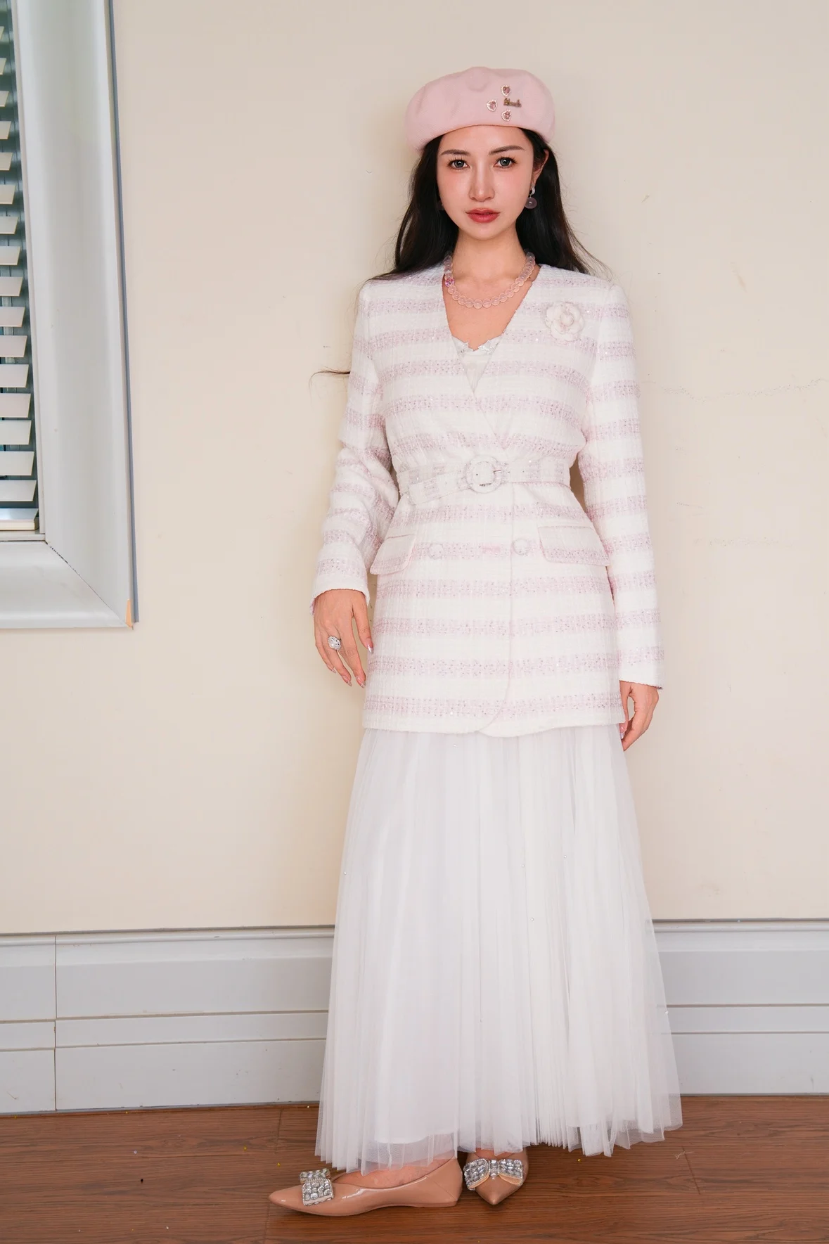 

Original Design Tea Rose Series Striped High-End Coat Women's Autumn New Sle Thousand Gold Dr Lightweight Waist-Cinching