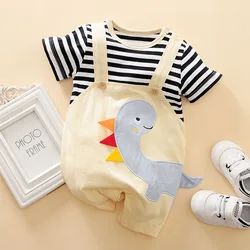 Summer Boys And Girls Cute Cartoon Strap Dinosaur 3d Printed Cotton Comfortable Casual Short Sleeve Baby Bodysuit