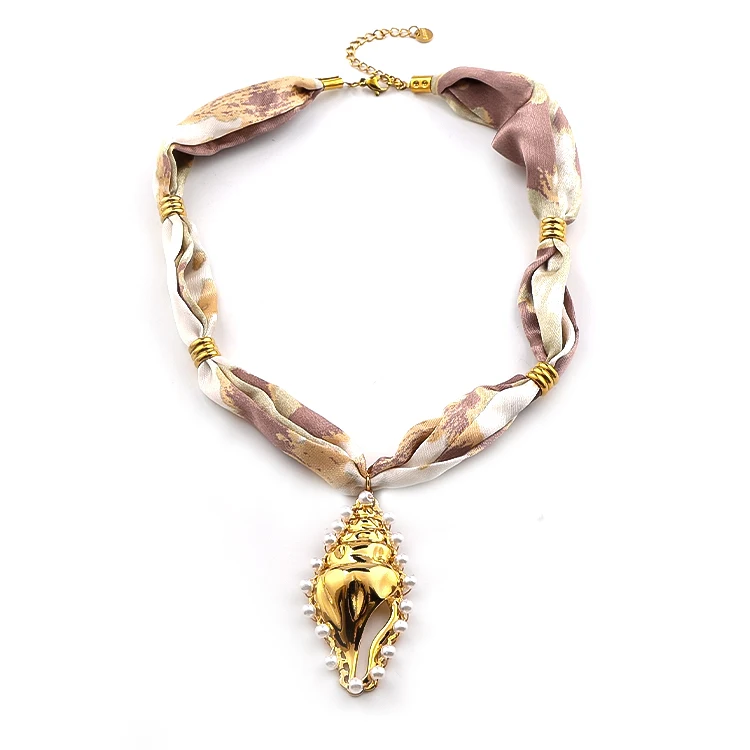 

Boho Scarf Fabric Summer Sea Imitation Pearls Conch Pendant Choker Necklace for Women Stainless Steel Seashell Chain Jewelry