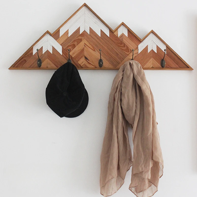 Handmade Solid Wood Coat Hook Entryway Door Hanging Coat Hanger with Wooden Decorative Painting of Snow Mountain Rustic Ornament