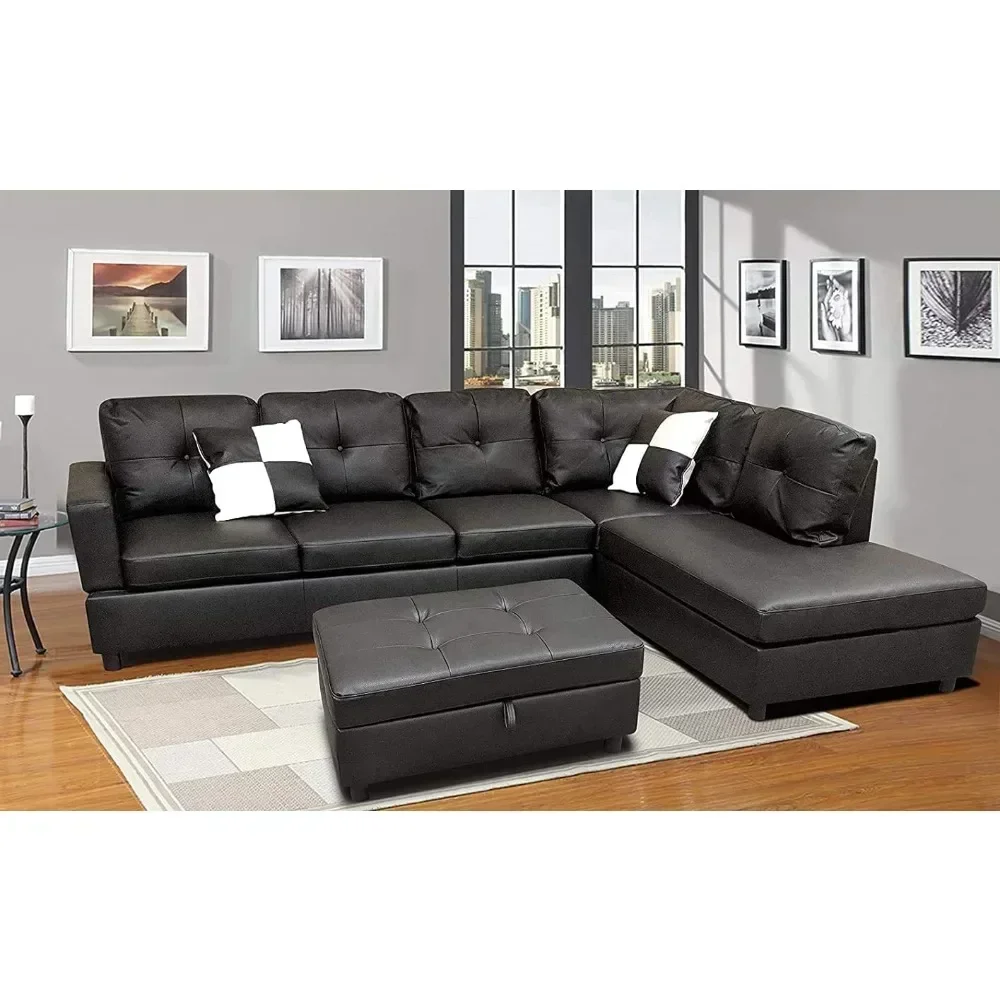 

L-Shape Faux Leather Sectional Sofa Couch Set w/ Right-Hand Chaise, Ottoman, 2 Toss Pillow Using for Living Room Furniture,Black