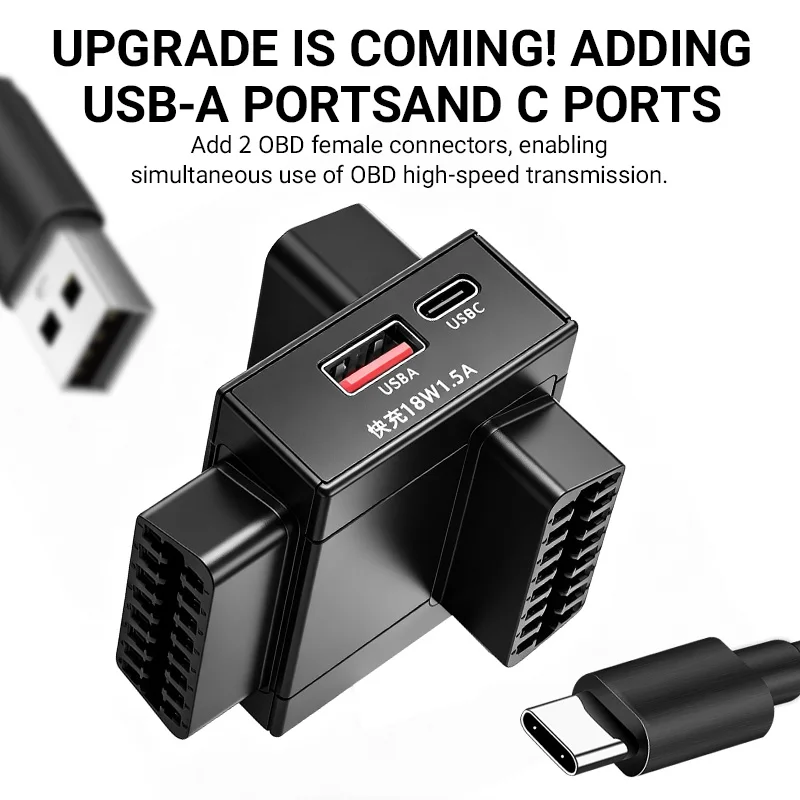 OBD2 Splitter Adapter 1 To 2 with 18W Fast Charging USB C  USB A Port, Dual OBD II Extension Cable for Car Diagnostic Tool view 3