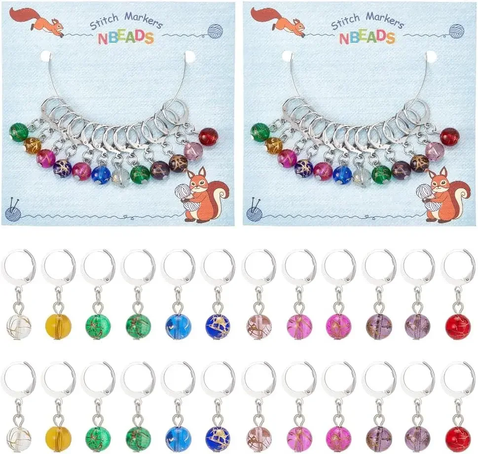 24Pcs Glass Bead Stitch Markers Clip-on Crochet Stitch Marker Charms Locking Stitch Marker with 304 Stainless Steel Clasp