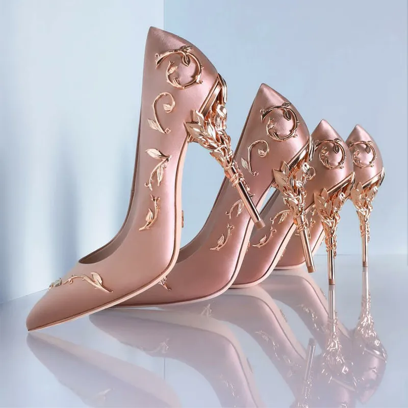 Pink Pointed Toe Women Pumps 9CM High Heels Satin Designer Strange Heel Ladies Wedding Dress Shoes Sexy Metal Decor Stiletto