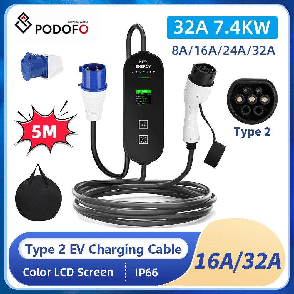 Podofo Portable EV Charger For Electric Vehicle Type 2 Charging Cable 16A 32A EVSE Charging Cable Wallbox Plug EU