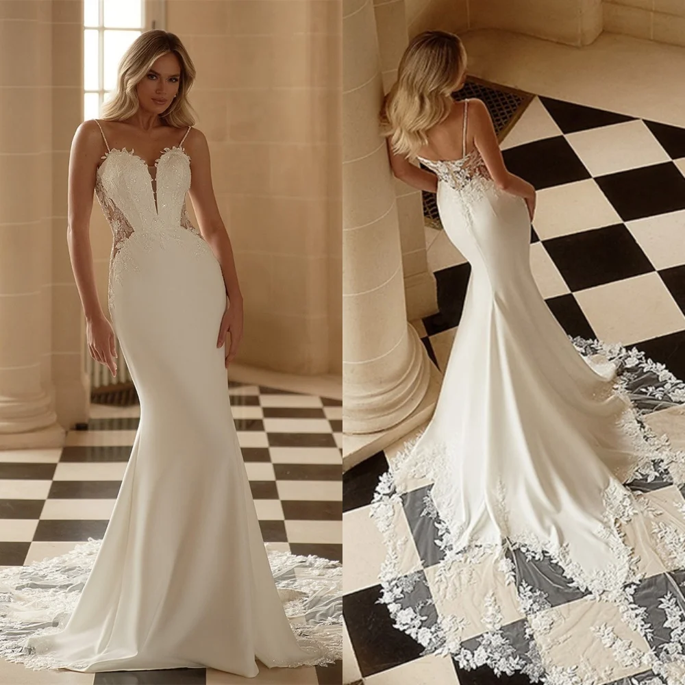 

Customized White Jersey Wedding Dress Elegant Strapless Spaghetti Straps Bridal Gowns Chapel Train Backless Mermaid Dress