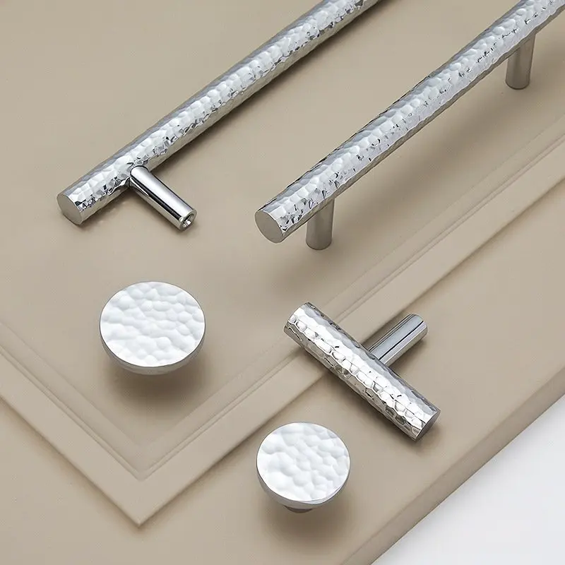 Hammered Solid Brass Pull Bright Silver Wardrobe Cabinet Door Handle Single Hole For Drawer Chrome Plated Kitchen Furniture Knob