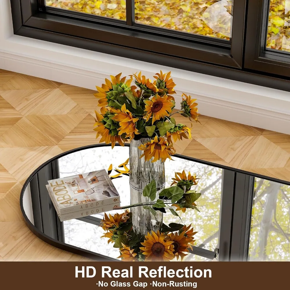 Gebogen, aan de muur gemonteerde spiegel met aluminium frame over de volledige lengte voor badkamer, woonkamer en slaapkamer