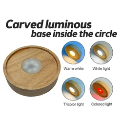 Round Wood Light Base USB Glass Resin Crystal Art Ornament Holder Rotating Display Stand Luminous Lamp Base LED Night Light