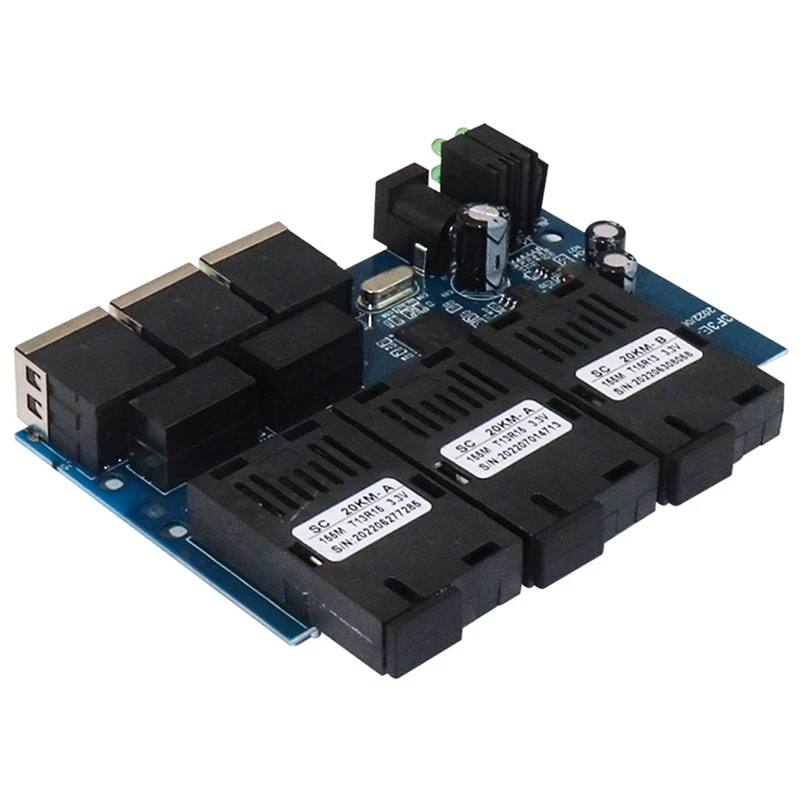 Ethernet Fibra Óptica Media Converter, 100M, 3 RJ45 Suporte RPOE, Simplex SC Fiber Switch, PCBA Board, 20km, 3