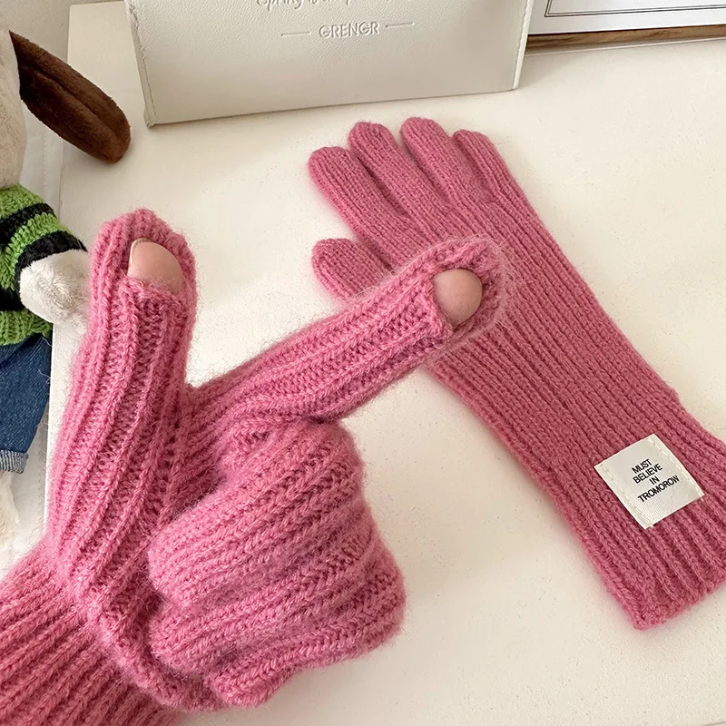 Korean Fashion Touch Screen Knitted Gloves Women\'s Winter Gloves Warm Cycling Gloves Solid Color Fluffy Work Gloves