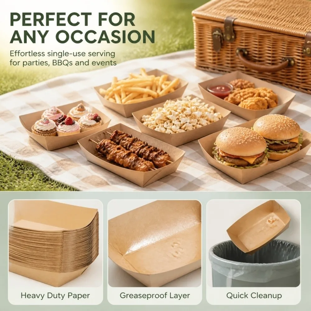 50PCS Kraft Paper Paper Food Tray Grease Resistant Film Laminated Disposable Serving Basket Food Boat Snack Serving Tray