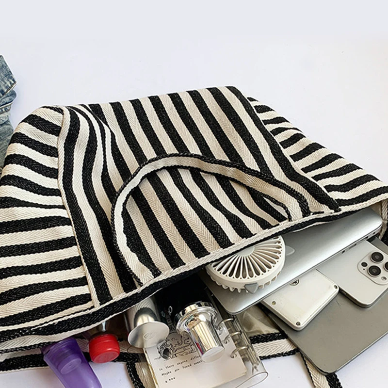 حقيبة كتف مخططة بسيطة وجديدة النسخة الكورية من حقيبة اليد الأدبية الرجعية حقيبة تسوق ذات سعة كبيرة #6