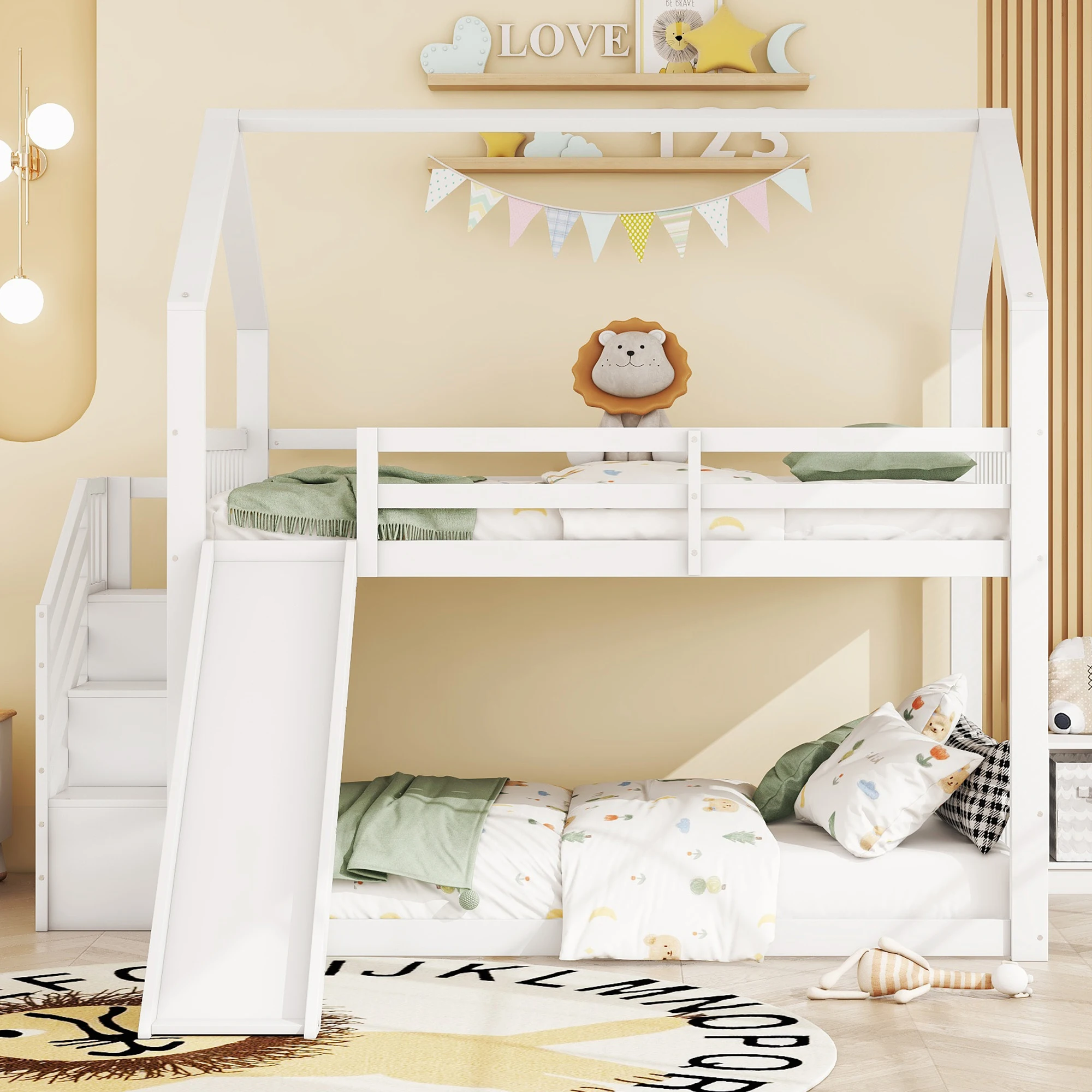 140x200cm bunk bed with storage stairs and slide, house bed, children's bed with railing, suitable for children, white