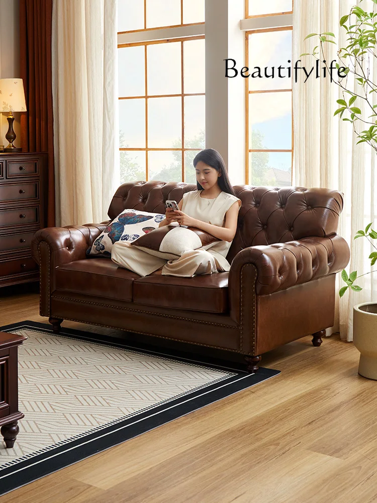 

American Retro First Layer Leather Sofa Combination Three-Seat Distressed Pull Buckle Straight Row Living Room Furniture