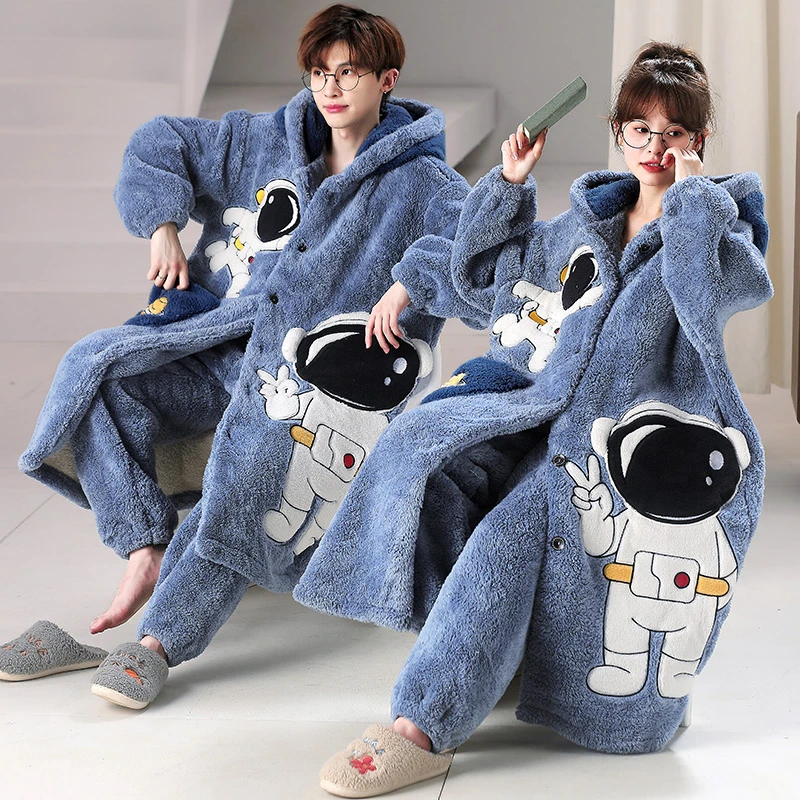 Couples Night-robe Pajamas Women Men Cartoon Astronaut Hooded Robe Winter Coral Velvet Men Pijama Thick Plush Kawaii Robe