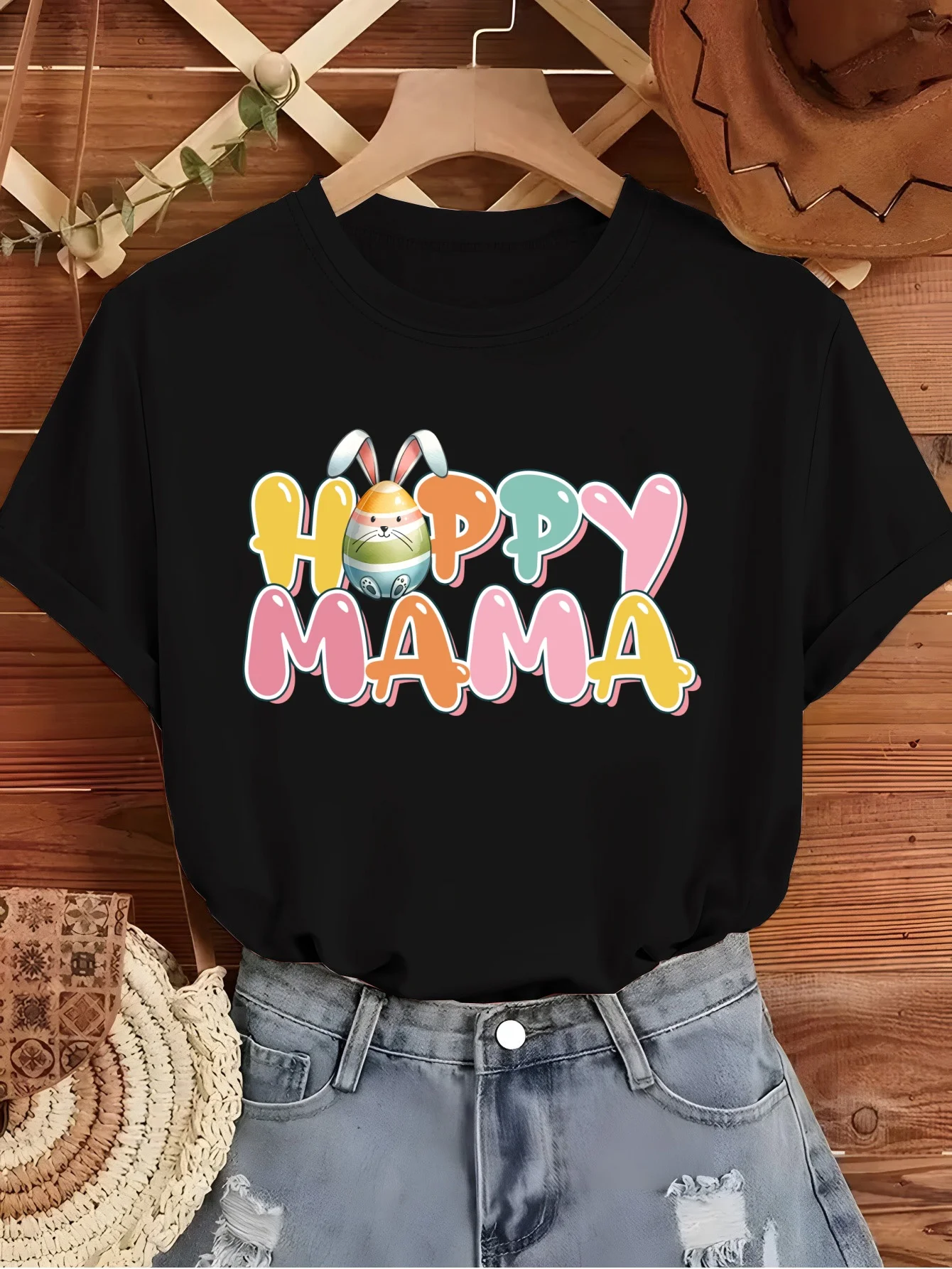 HOPPY MAMA Rabbit Ear Easter Egg Letter Summer Short Sleeved T-shirt Colorful Gradient Fun Design Personalized Trendy Top