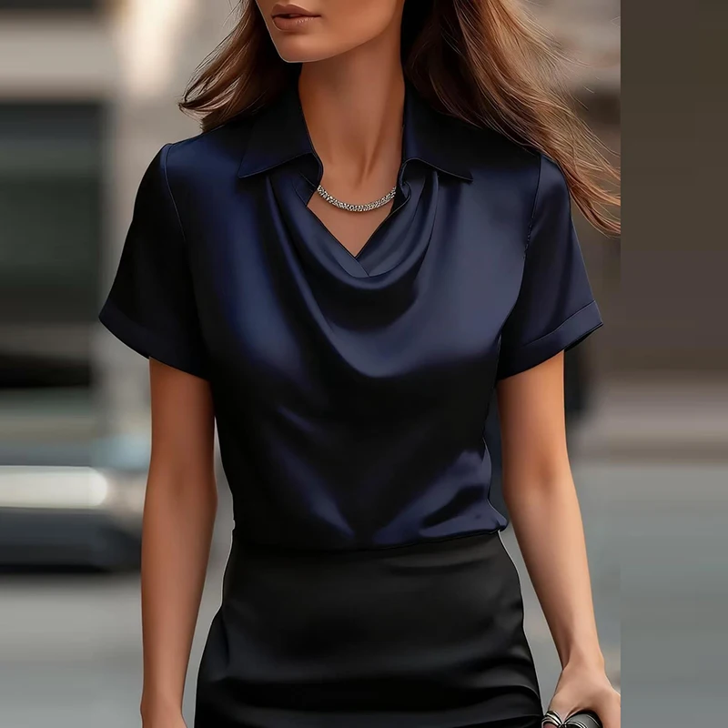 Todos os jogos camisa de cetim feminina e blusas moda feminina camisa de manga curta feminina elegante camisa de seda senhora do escritório topos