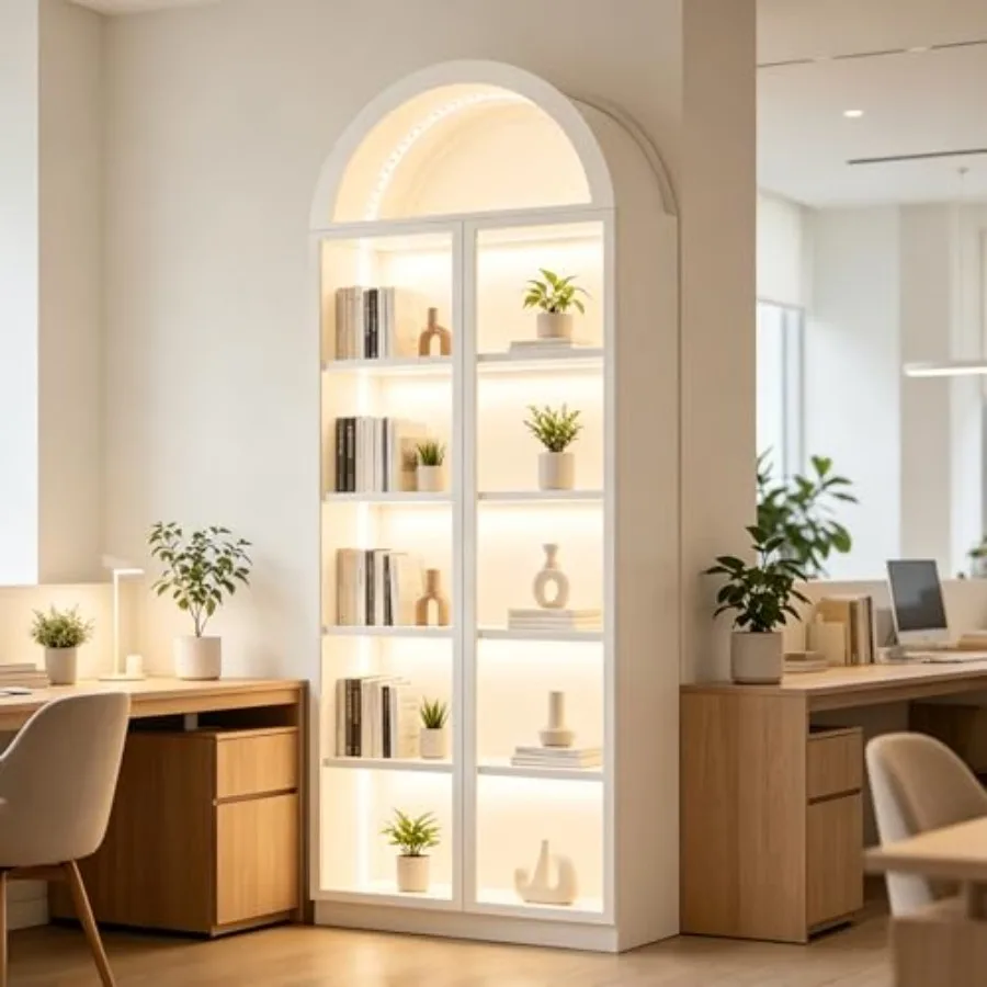Arch display cabinet for living room office, acrylic glass door, white, 77 tall with LED light and 6-tier shelving for collecti