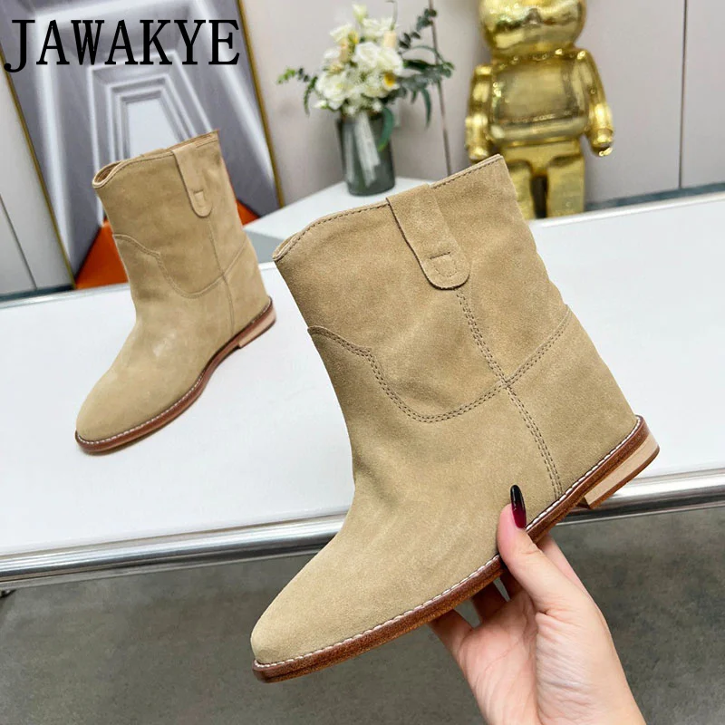 Botki damskie ze szpiczastym noskiem w stylu Vintage buty klinowe zamszowe skórzane damskie designerskie buty zachodnie Chelsea Boots Botas Mujer