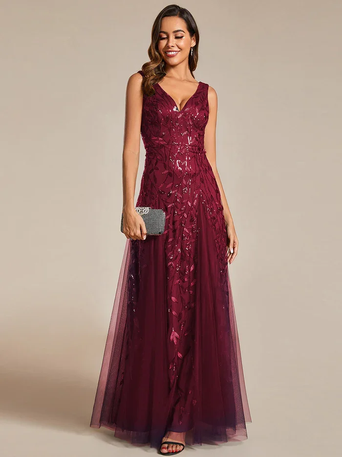 Ever Pretty V-Neck Leaf Sequin Sleeveless A-Line Formal Evening Dress with Tulle