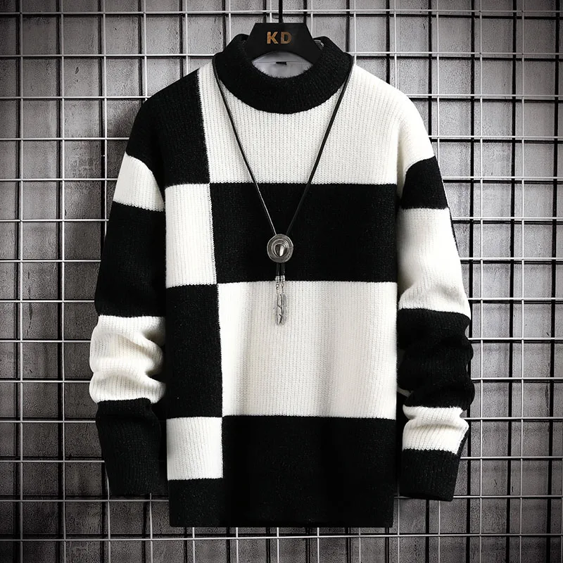 Brand Clothing Warm Autumn Winter Sweaters Men Casual Patchwork Color Knitted Pullovers Male Plaid Round Neck Sweater Man 4XL-M