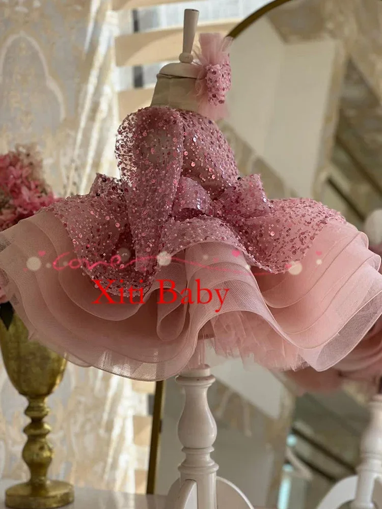 

Luxury Flower Girl Dress Scoop Neck Puff Girls Party Dresses for Wedding Puff Sleeves Tulle Kids Christmas Ceremonial Dress